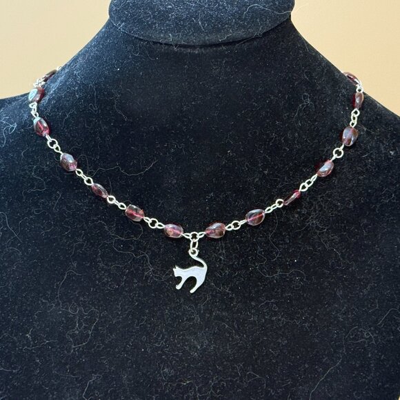 Genuine Garnet Short Necklace, Natural Gemstone w/ Slim Cat Pendant - Picture 3 of 15